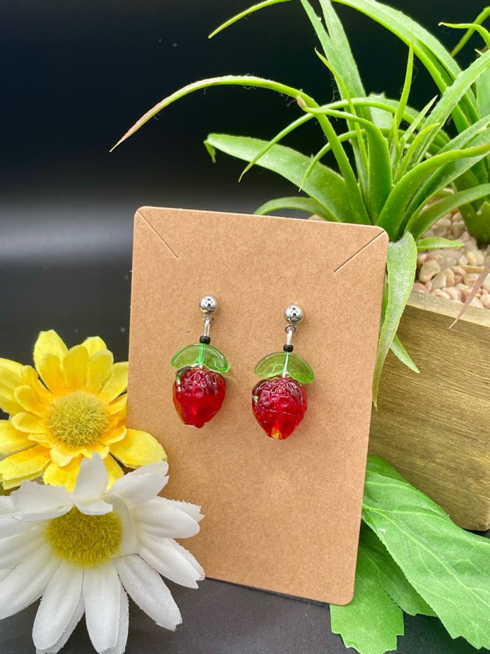 Red Strawberry Drop Earrings with Green Leaf Accent